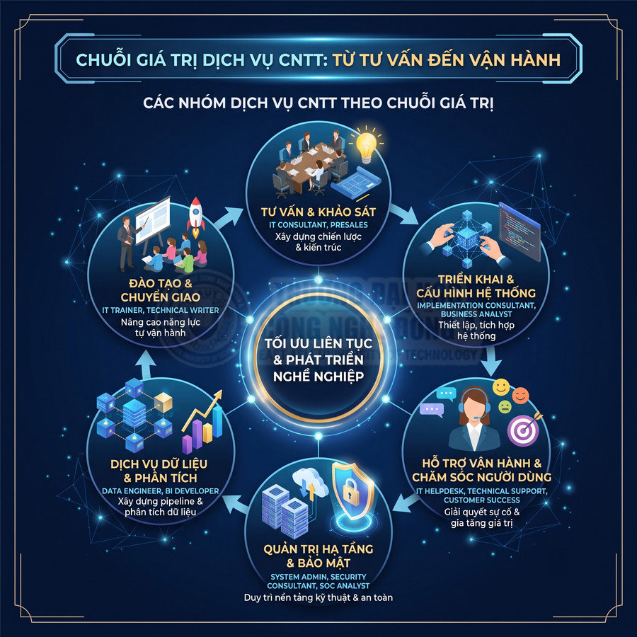 Chuỗi giá trị dịch vụ CNTT từ tư vấn, triển khai, dữ liệu, hạ tầng đến hỗ trợ vận hành và đào tạo