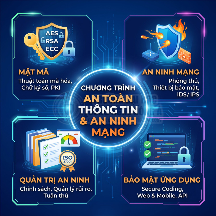 Chương trình đào tạo an toàn thông tin và an ninh mạng về mật mã, an ninh mạng, quản trị an ninh, bảo mật ứng dụng