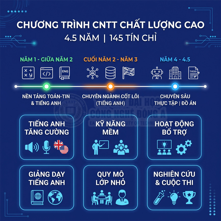 Chương trình CNTT chất lượng cao 4.5 năm 145 tín chỉ với tiếng Anh tăng cường kỹ năng mềm và nghiên cứu cuộc thi
