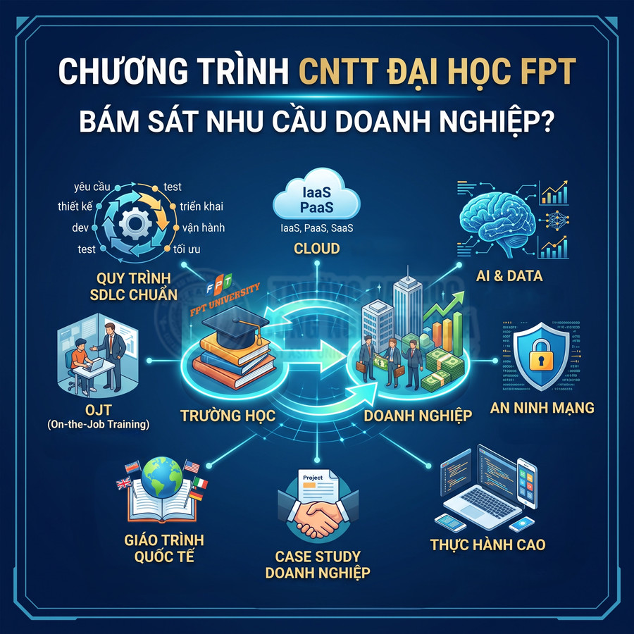 Infographic chương trình CNTT Đại học FPT gắn kết doanh nghiệp với SDLC, cloud, AI, an ninh mạng và thực hành cao