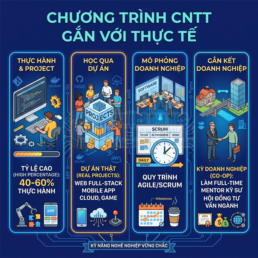 Infographic chương trình học CNTT thực tế với thực hành project, dự án web app, mô phỏng doanh nghiệp và kỹ năng nghề nghiệp