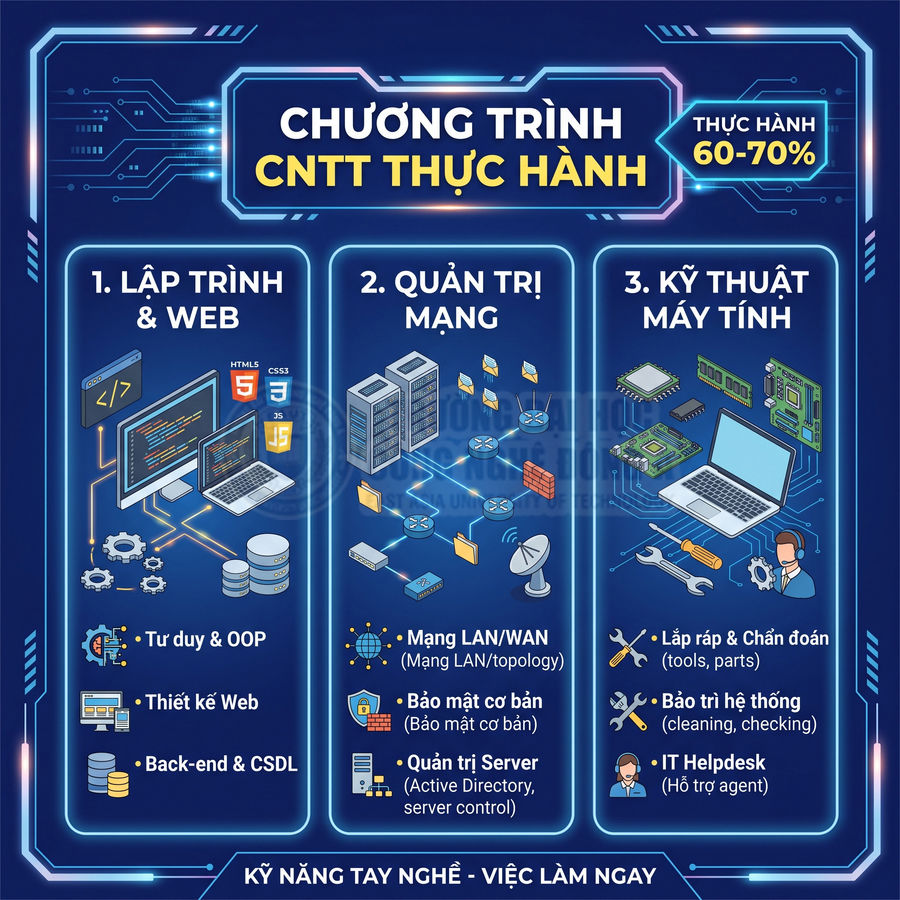 Chương trình đào tạo CNTT thực hành gồm lập trình web, quản trị mạng và kỹ thuật máy tính