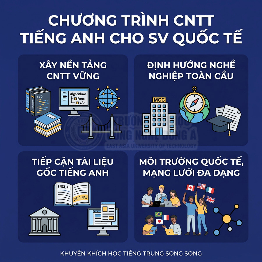 Chương trình CNTT tiếng Anh cho sinh viên quốc tế với nền tảng vững, tài liệu gốc và môi trường học đa quốc gia