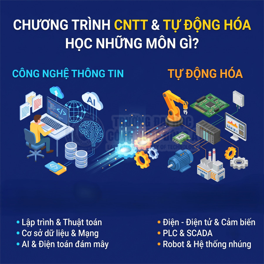 Chương trình Công nghệ thông tin và Tự động hóa với các môn lập trình dữ liệu AI PLC SCADA và robot