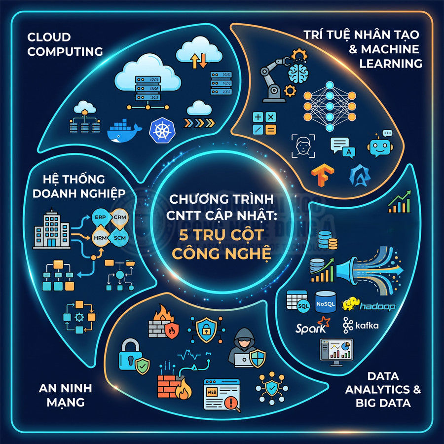 Infographic 5 trụ cột công nghệ CNTT gồm cloud computing, AI, hệ thống doanh nghiệp, an ninh mạng, data analytics