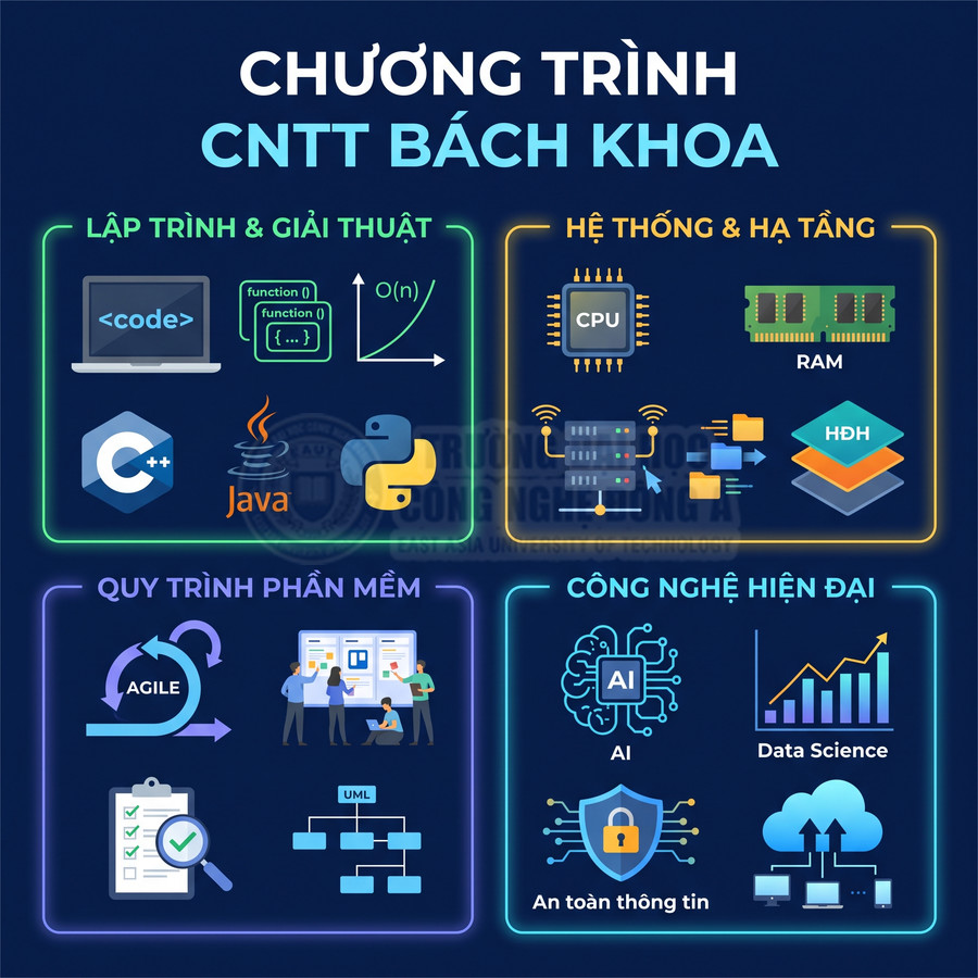 Chương trình CNTT Bách Khoa với các mảng lập trình, hệ thống hạ tầng, quy trình phần mềm và công nghệ hiện đại