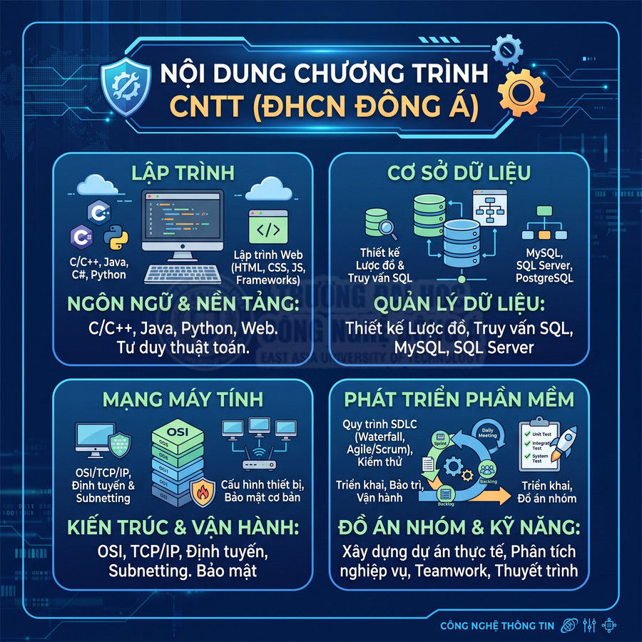 Nội dung chương trình đào tạo ngành Công nghệ thông tin ĐHCN Đông Á với các môn lập trình, cơ sở dữ liệu, mạng và phần mềm