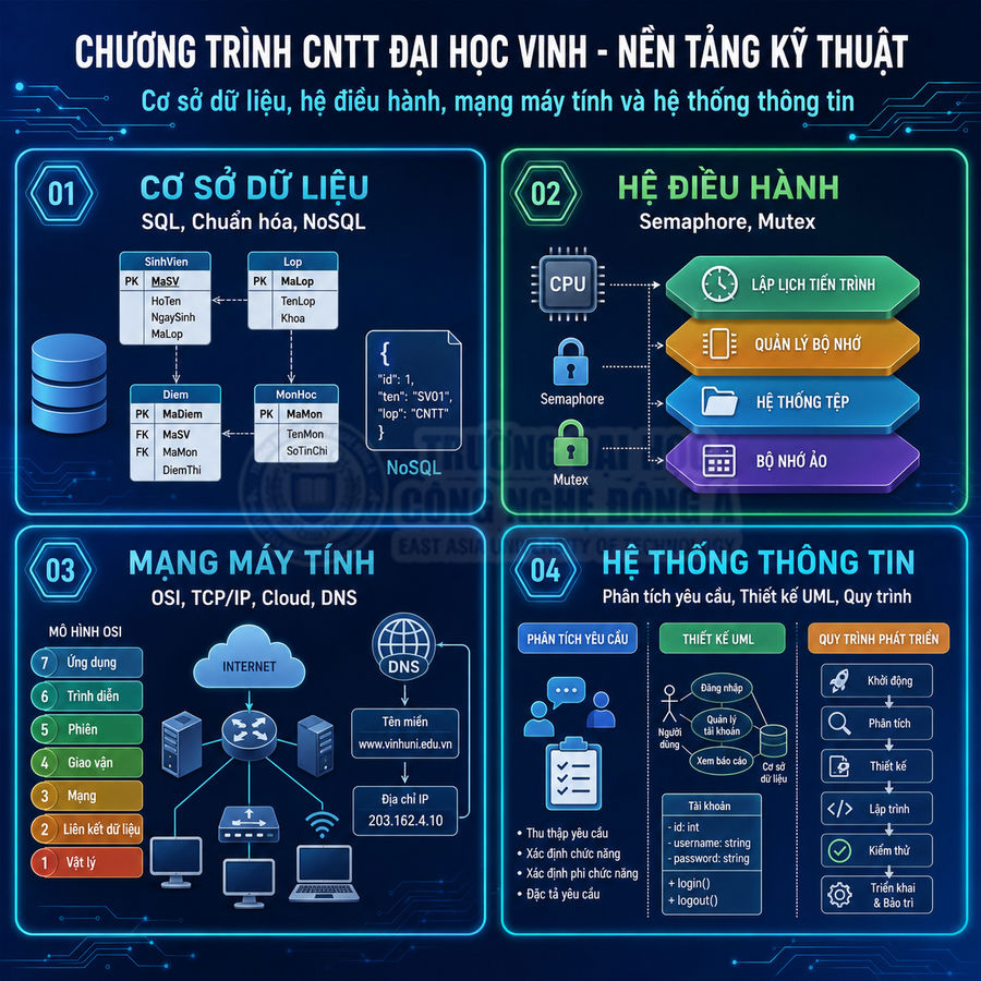 Infographic chương trình CNTT Đại học Vinh về cơ sở dữ liệu, hệ điều hành, mạng máy tính và hệ thống thông tin