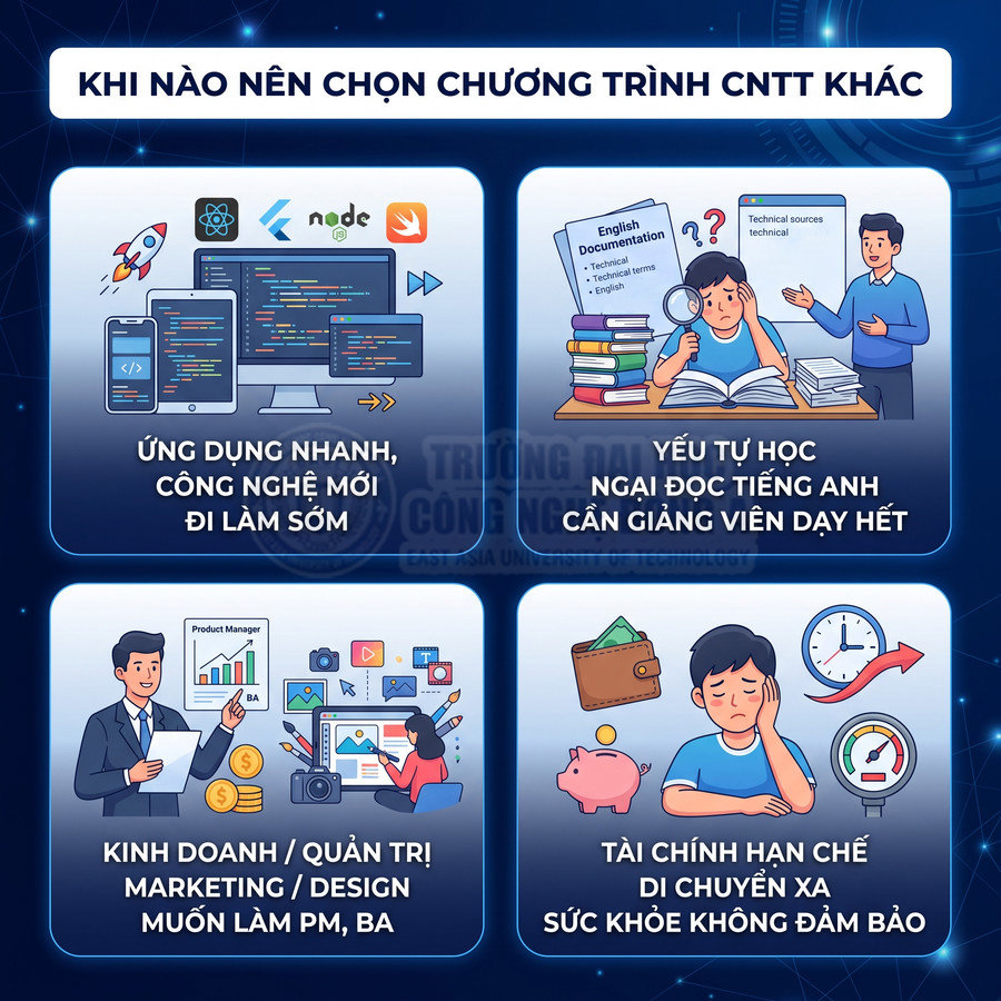 Poster tư vấn chọn chương trình công nghệ thông tin với minh họa lập trình, học tiếng Anh, kinh doanh và tài chính hạn chế