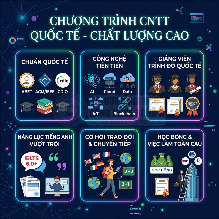 Poster giới thiệu chương trình CNTT quốc tế chất lượng cao với chuẩn ABET, công nghệ AI, IoT, học bổng và cơ hội việc làm global
