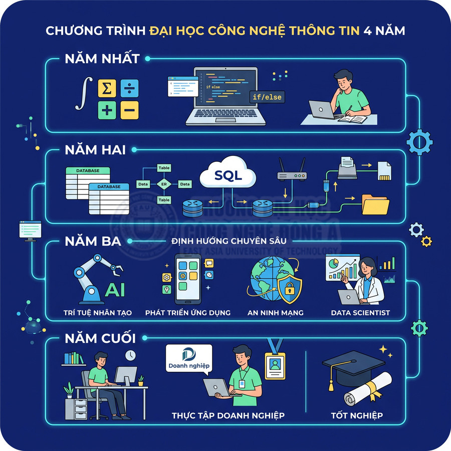 Chương trình đại học công nghệ thông tin 4 năm với các môn lập trình, cơ sở dữ liệu, AI, an ninh mạng và thực tập doanh nghiệp