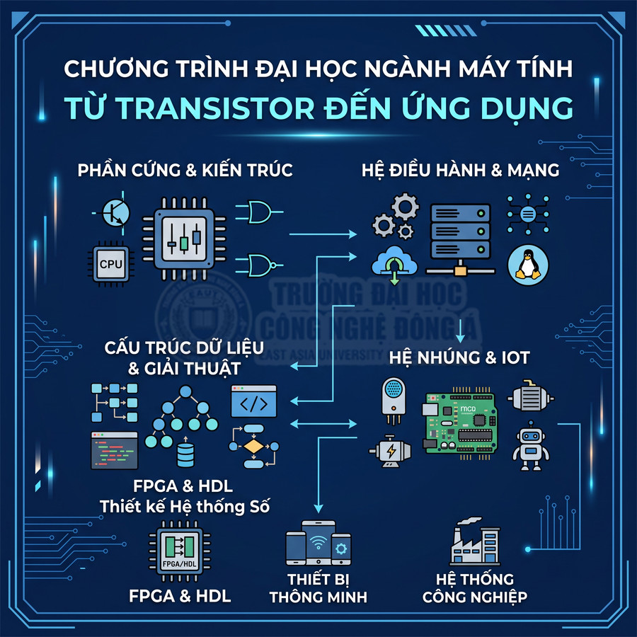 Infographic chương trình đại học ngành máy tính từ transistor đến ứng dụng tại Trường Đại học Công nghệ Đông Á