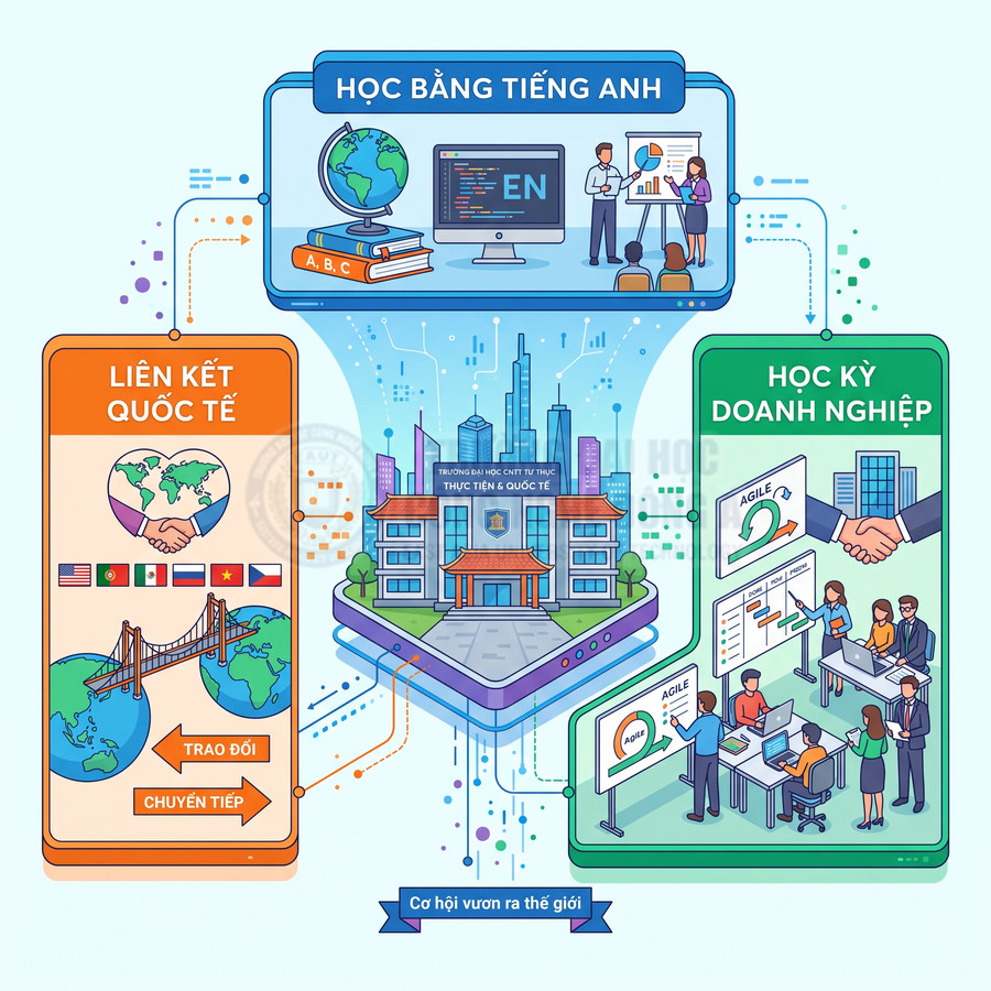 Mô hình chương trình đại học quốc tế với học bằng tiếng Anh, liên kết quốc tế và học kỳ doanh nghiệp