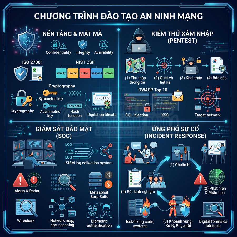 Chương trình đào tạo an ninh mạng với các module nền tảng mật mã, pentest, giám sát SOC và ứng phó sự cố