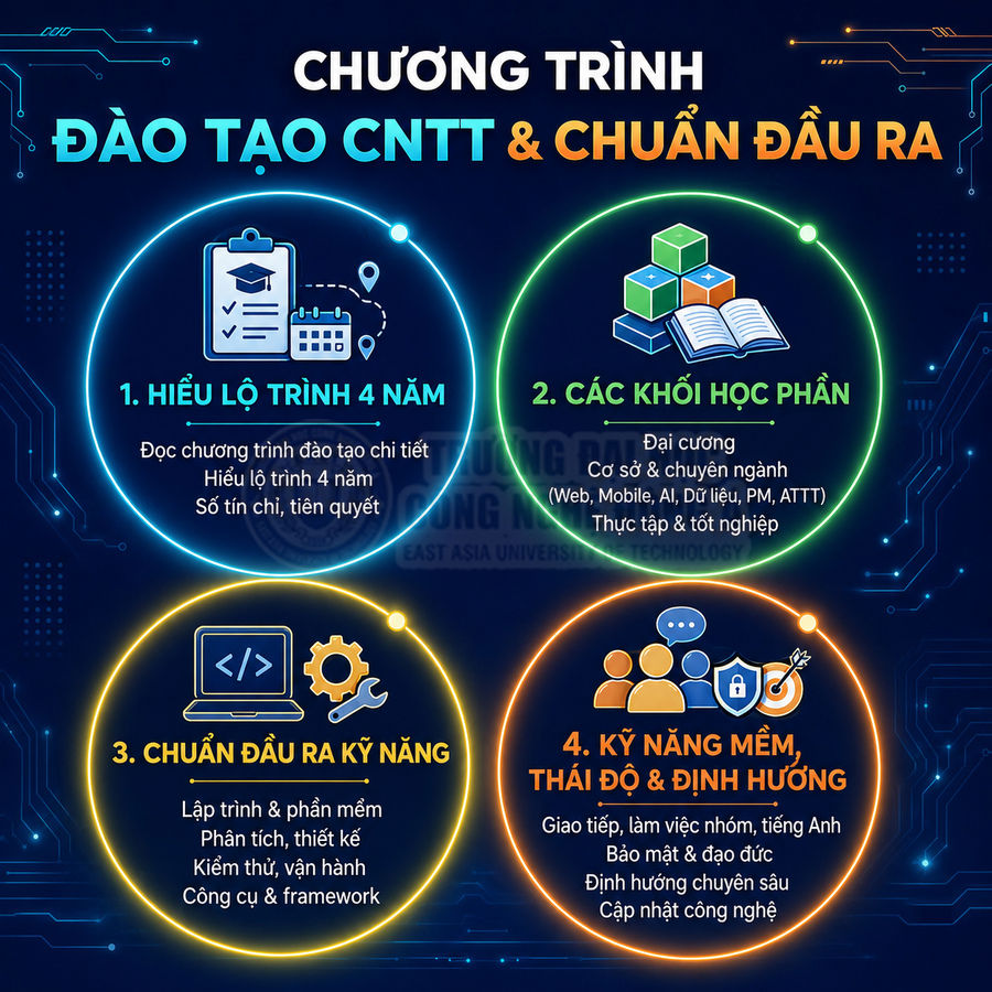 Chương trình đào tạo CNTT 4 năm với lộ trình học phần, chuẩn đầu ra kỹ năng và kỹ năng mềm cho sinh viên
