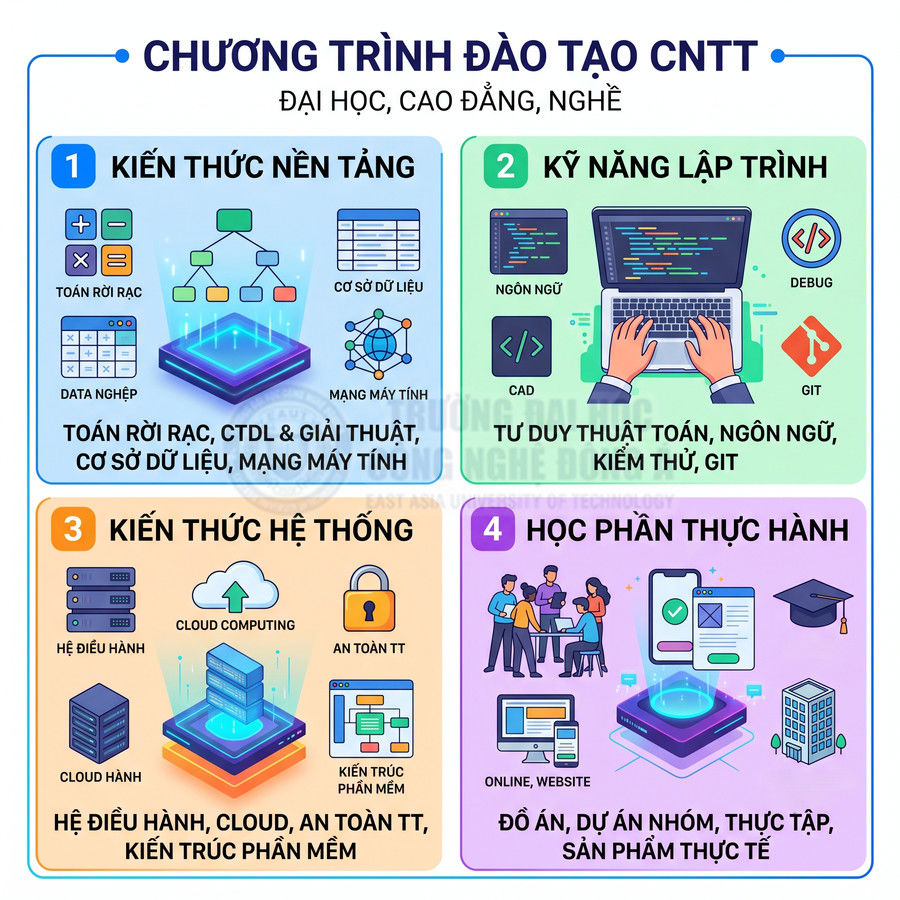 Infographic chương trình đào tạo CNTT với 4 nhóm kiến thức nền tảng, lập trình, hệ thống và học phần thực hành