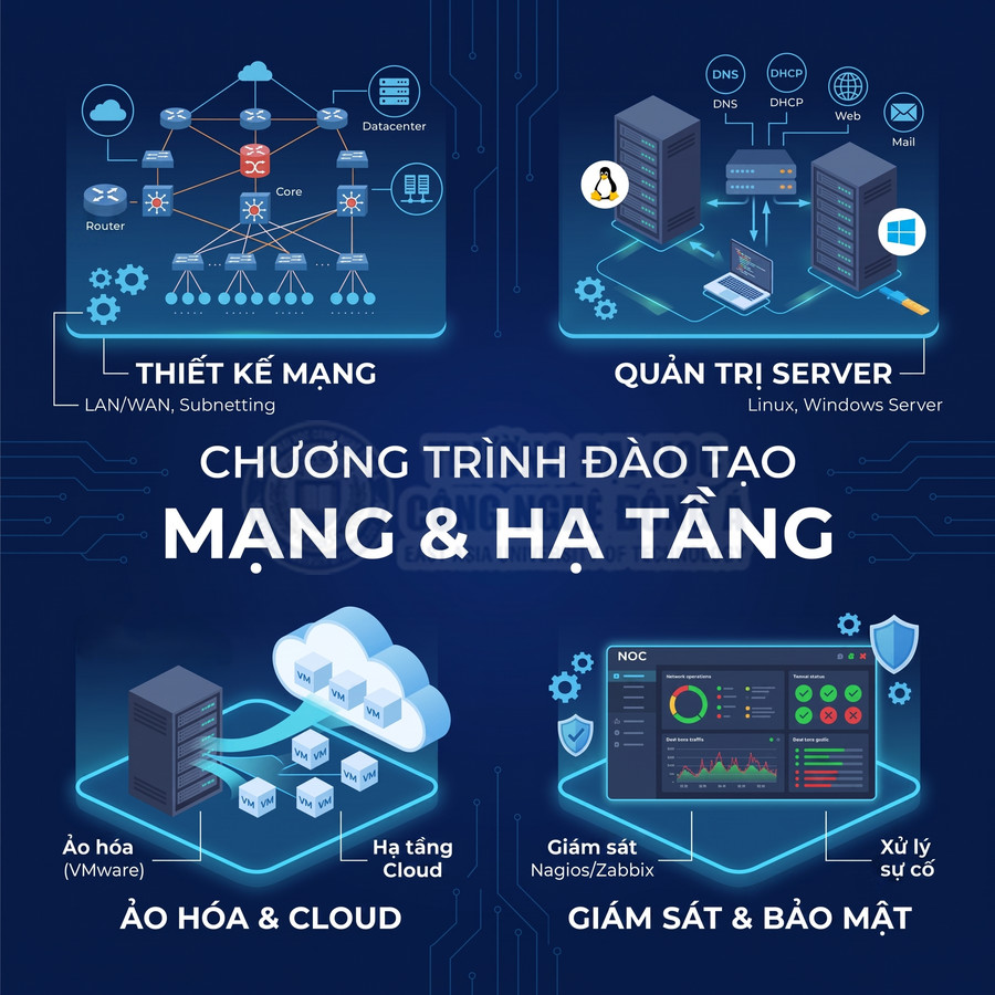 Poster chương trình đào tạo mạng và hạ tầng với thiết kế mạng, quản trị server, ảo hóa cloud, giám sát và bảo mật hệ thống