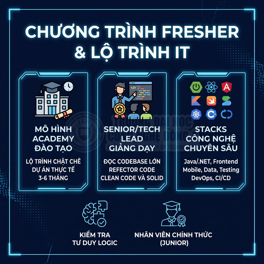 Poster giới thiệu chương trình fresher và lộ trình đào tạo IT với mô hình academy, senior giảng dạy và các stack công nghệ Java .NET