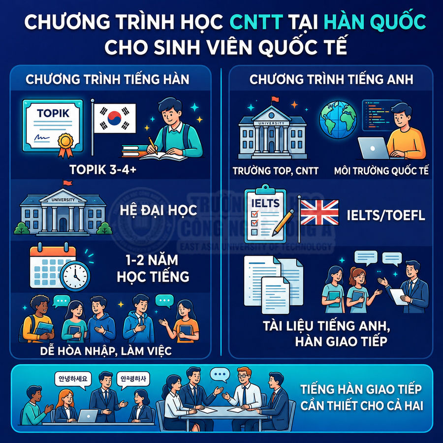 Chương trình học CNTT tại Hàn Quốc cho sinh viên quốc tế với lộ trình tiếng Hàn và tiếng Anh
