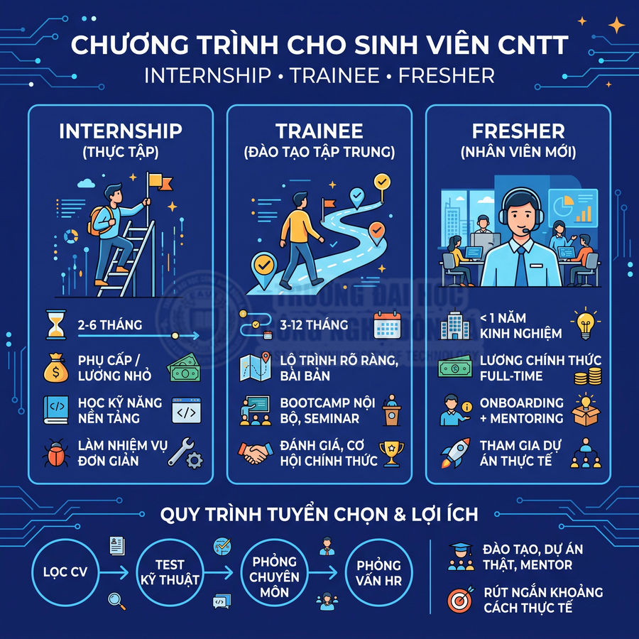 Infographic chương trình Internship Trainee Fresher cho sinh viên CNTT với lộ trình, quyền lợi và quy trình tuyển dụng