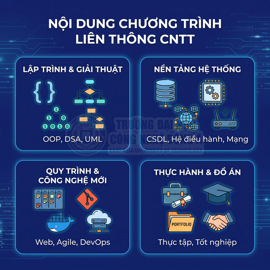 Nội dung chương trình liên thông CNTT với các học phần lập trình, hệ thống, công nghệ mới và thực hành đồ án