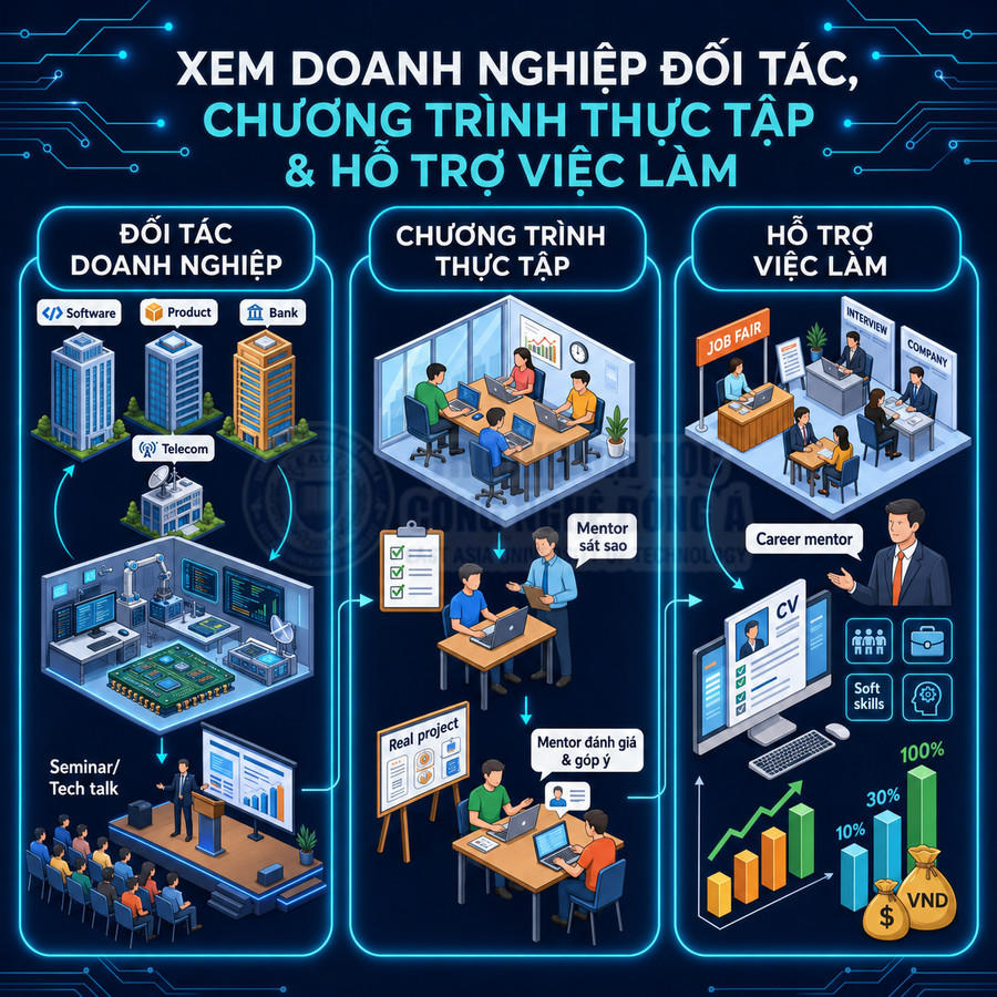 Mô tả chương trình thực tập và hỗ trợ việc làm với doanh nghiệp đối tác, mentor và lộ trình phát triển nghề nghiệp