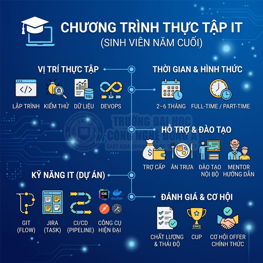 Chương trình thực tập IT cho sinh viên năm cuối với các vị trí lập trình, kiểm thử, dữ liệu, DevOps và kỹ năng dự án