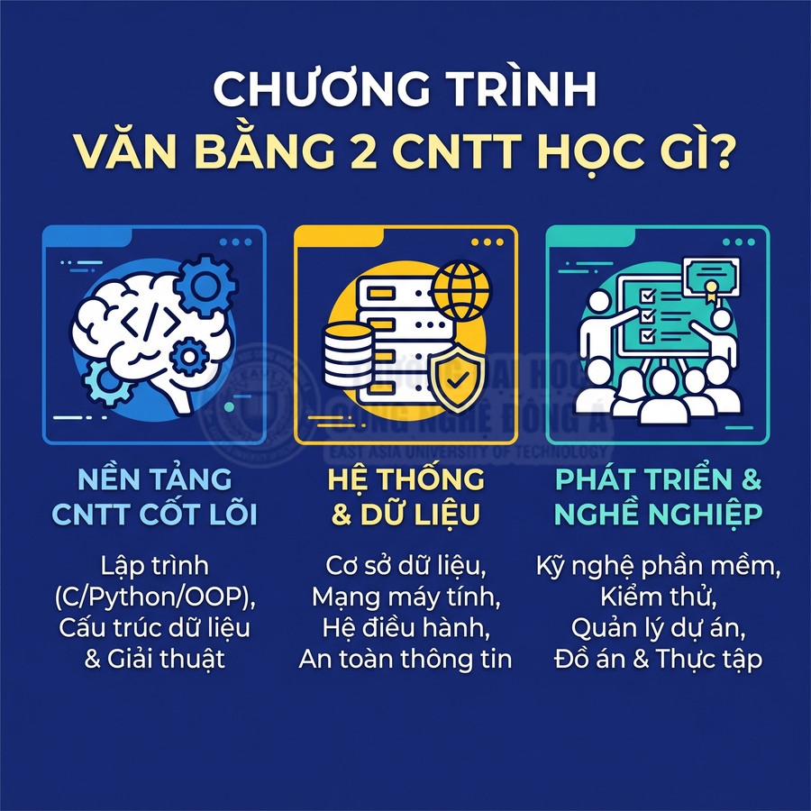 Chương trình văn bằng 2 CNTT với ba nhóm học phần nền tảng cốt lõi, hệ thống dữ liệu và phát triển nghề nghiệp