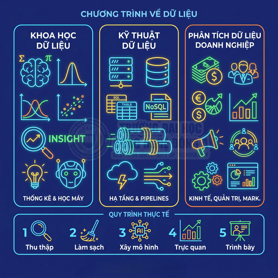Infographic chương trình về dữ liệu gồm khoa học dữ liệu, kỹ thuật dữ liệu và phân tích dữ liệu doanh nghiệp