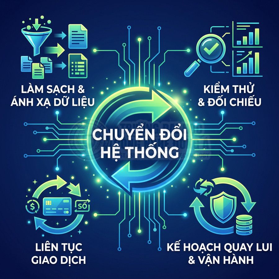 Quy trình chuyển đổi hệ thống gồm làm sạch dữ liệu, kiểm thử, giao dịch liên tục và lập kế hoạch vận hành, quay lui
