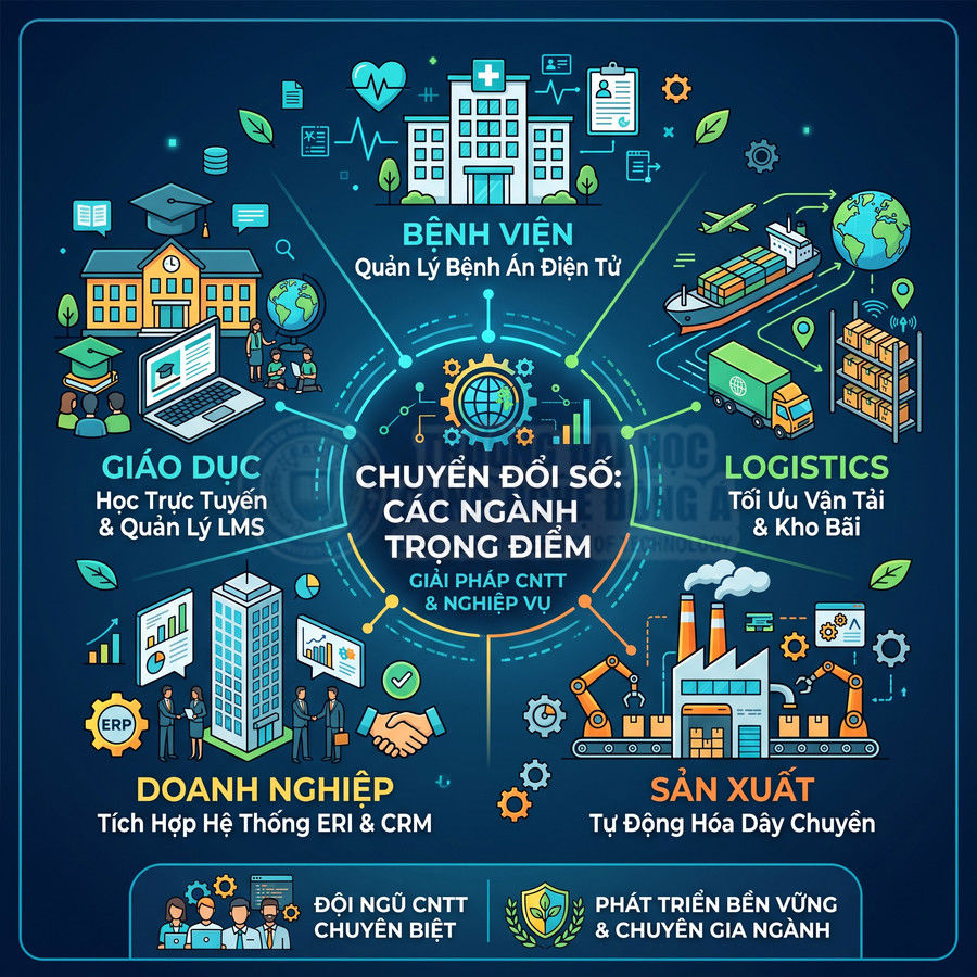 Infographic chuyển đổi số cho bệnh viện, giáo dục, logistics, doanh nghiệp và sản xuất với các giải pháp CNTT và nghiệp vụ
