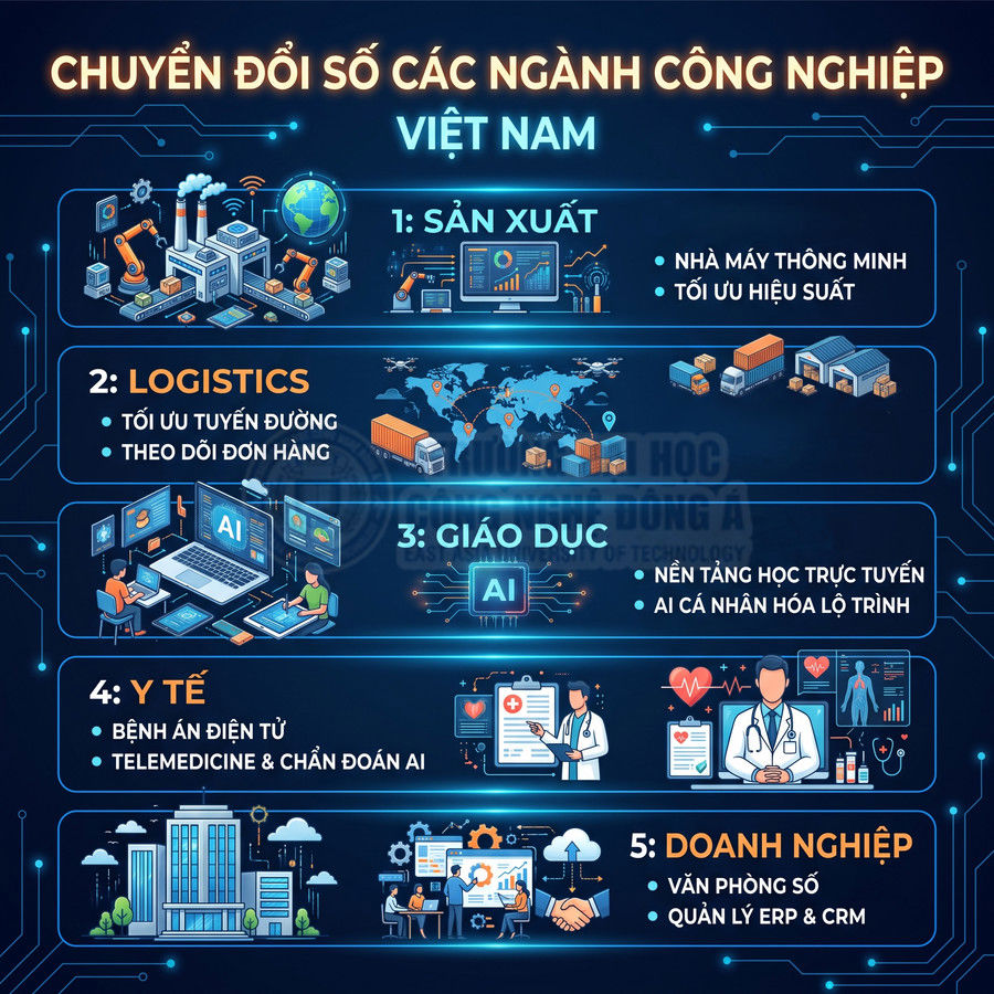 Chuyển đổi số các ngành công nghiệp Việt Nam gồm sản xuất, logistics, giáo dục, y tế và doanh nghiệp