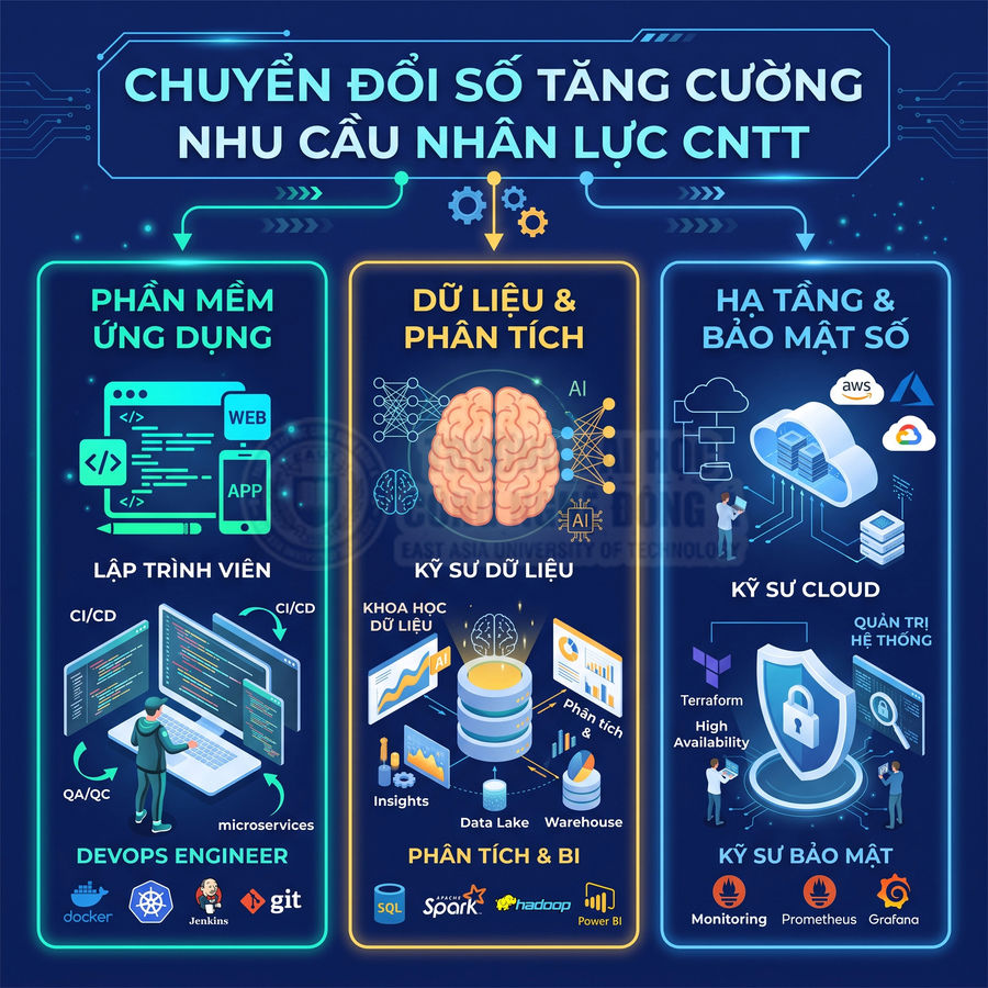 Infographic chuyển đổi số và nhu cầu nhân lực CNTT với các mảng lập trình, dữ liệu, cloud và bảo mật số