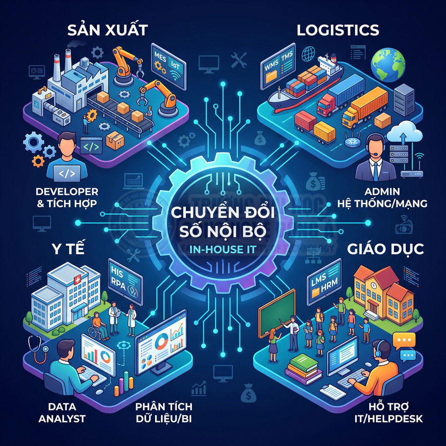 Minh họa chuyển đổi số nội bộ in house IT trong sản xuất logistics y tế giáo dục và các vị trí IT liên quan