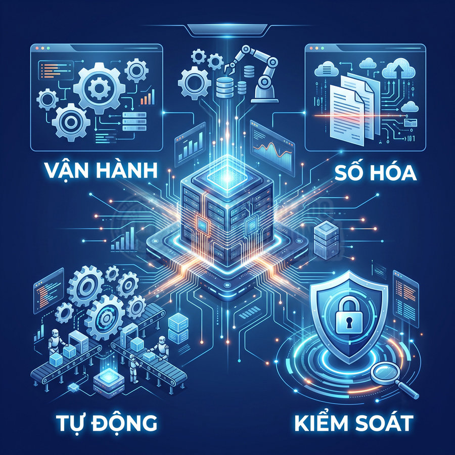 Minh họa hệ thống công nghệ với máy chủ trung tâm, vận hành, số hóa, tự động hóa và bảo mật dữ liệu