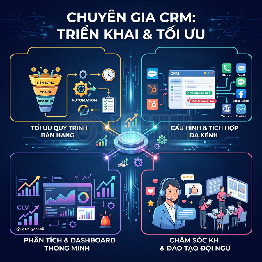 Minh họa dịch vụ triển khai và tối ưu CRM với tối ưu bán hàng, tích hợp đa kênh, dashboard phân tích và chăm sóc khách hàng