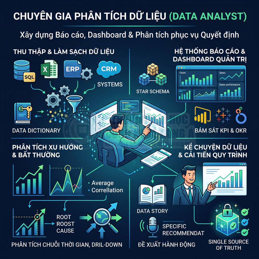 Infographic mô tả công việc chuyên gia phân tích dữ liệu với quy trình thu thập, làm sạch, phân tích và trực quan hóa dữ liệu
