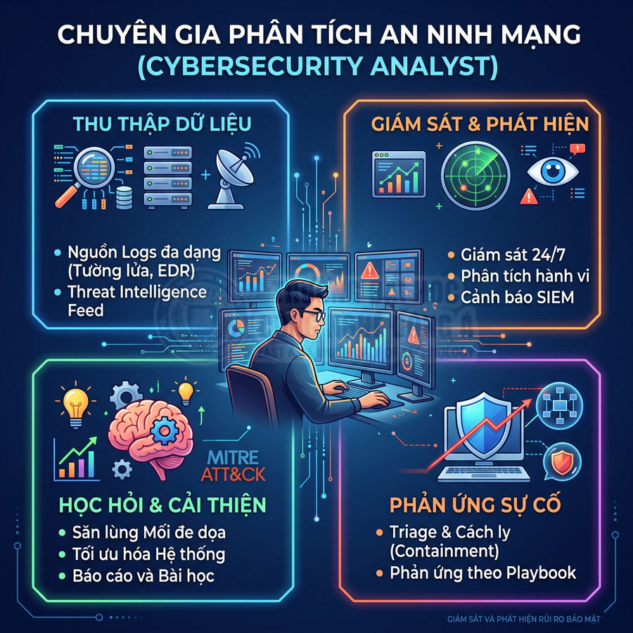 Mô tả vai trò chuyên gia phân tích an ninh mạng với các bước thu thập dữ liệu, giám sát, học hỏi và phản ứng sự cố