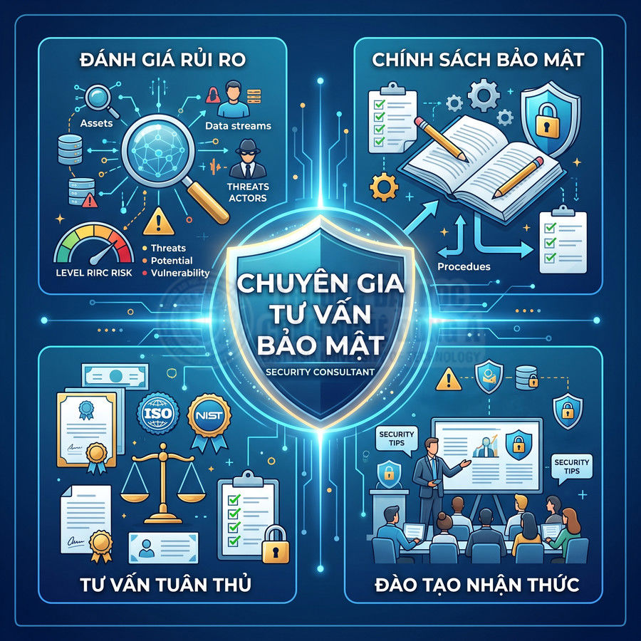 Minh họa dịch vụ chuyên gia tư vấn bảo mật với đánh giá rủi ro, chính sách bảo mật, tư vấn tuân thủ và đào tạo nhận thức