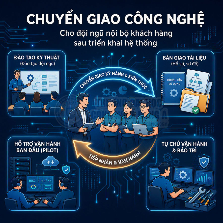 Mô hình chuyển giao công nghệ với đào tạo kỹ thuật, bàn giao tài liệu, hỗ trợ vận hành và bảo trì hệ thống