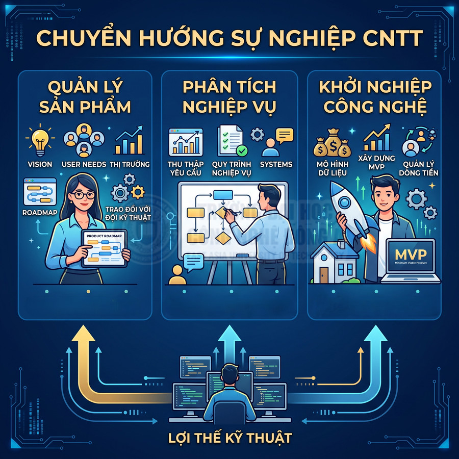 Infographic lộ trình chuyển hướng sự nghiệp CNTT với quản lý sản phẩm, phân tích nghiệp vụ và khởi nghiệp công nghệ