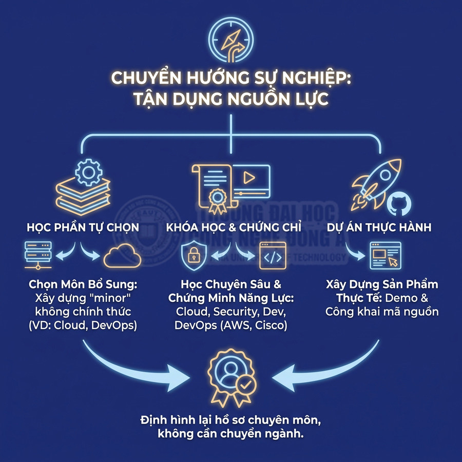 Infographic hướng dẫn chuyển hướng sự nghiệp bằng môn tự chọn, khóa học chứng chỉ và dự án thực hành