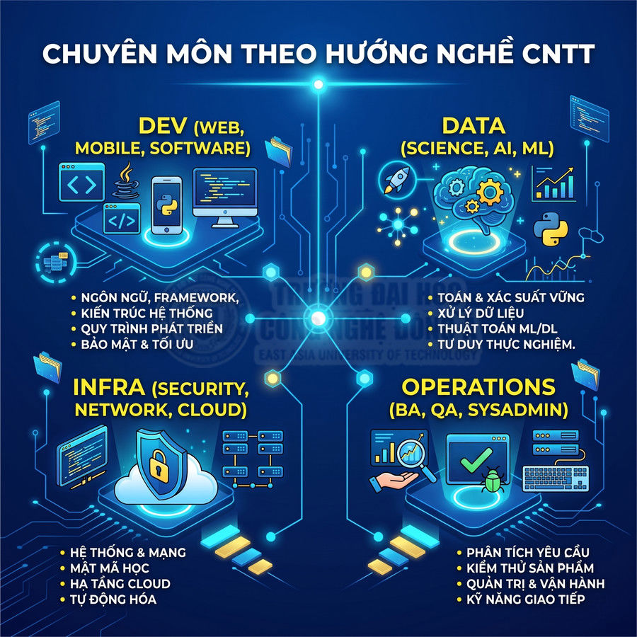 Sơ đồ các chuyên môn nghề CNTT gồm Dev, Data, Infra và Operations với biểu tượng minh họa hiện đại