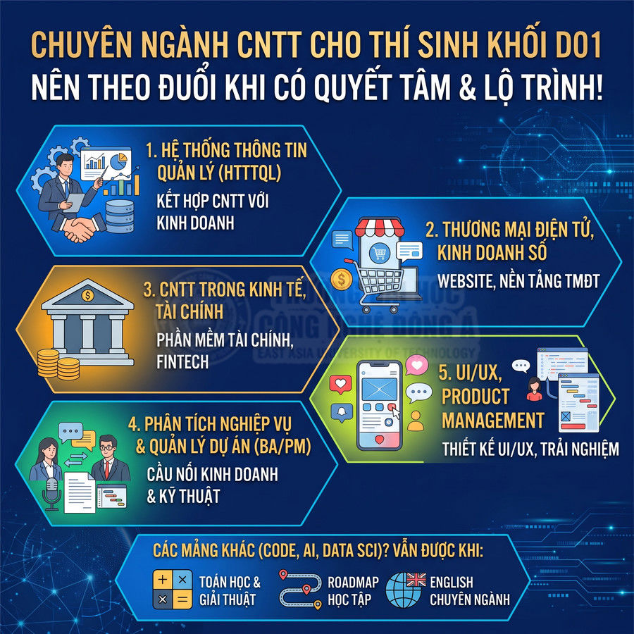 Các chuyên ngành CNTT cho thí sinh khối D01 như HTTTQL, thương mại điện tử, UIUX, phân tích nghiệp vụ, CNTT tài chính