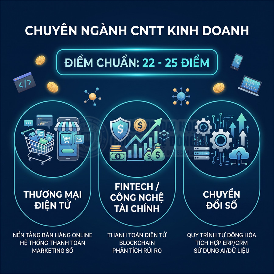 Ngành CNTT kinh doanh với các lĩnh vực thương mại điện tử, fintech công nghệ tài chính và chuyển đổi số, điểm chuẩn 22 đến 25