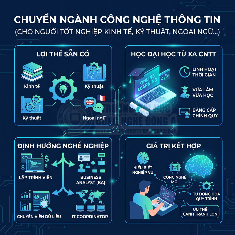 Infographic giới thiệu chuyển ngành công nghệ thông tin, học đại học từ xa CNTT và định hướng nghề nghiệp lập trình, BA, dữ liệu