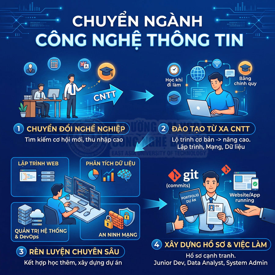 Infographic lộ trình chuyển ngành công nghệ thông tin, học lập trình web, phân tích dữ liệu, an ninh mạng và xây dựng hồ sơ việc làm