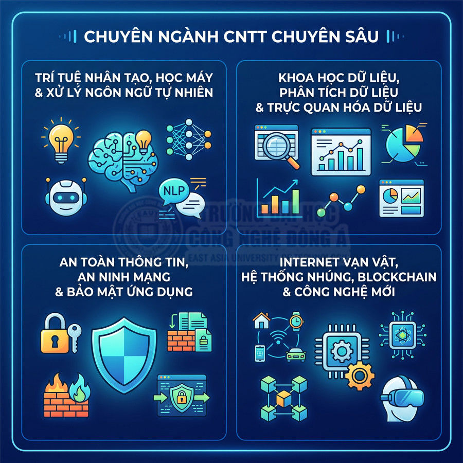 Các chuyên ngành CNTT chuyên sâu như AI, khoa học dữ liệu, an toàn thông tin, IoT, blockchain, công nghệ mới