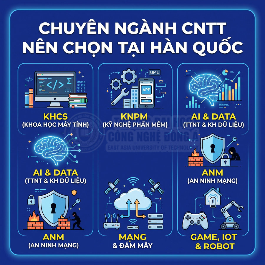 Các chuyên ngành CNTT tại Hàn Quốc như khoa học máy tính, AI, an ninh mạng, mạng đám mây, game và robot