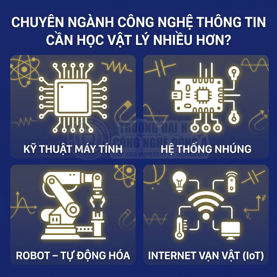 Infographic các chuyên ngành CNTT cần học vật lý nhiều: kỹ thuật máy tính, hệ thống nhúng, robot tự động hóa, Internet vạn vật